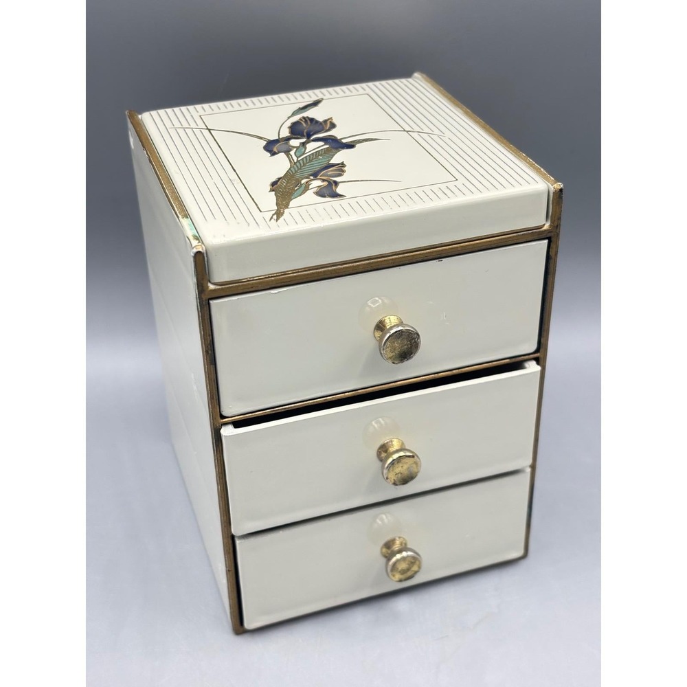 Vintage Otagiri Japan Grand Iris Jewelry Box 3 Drawer Mirror Cream Lacquerware